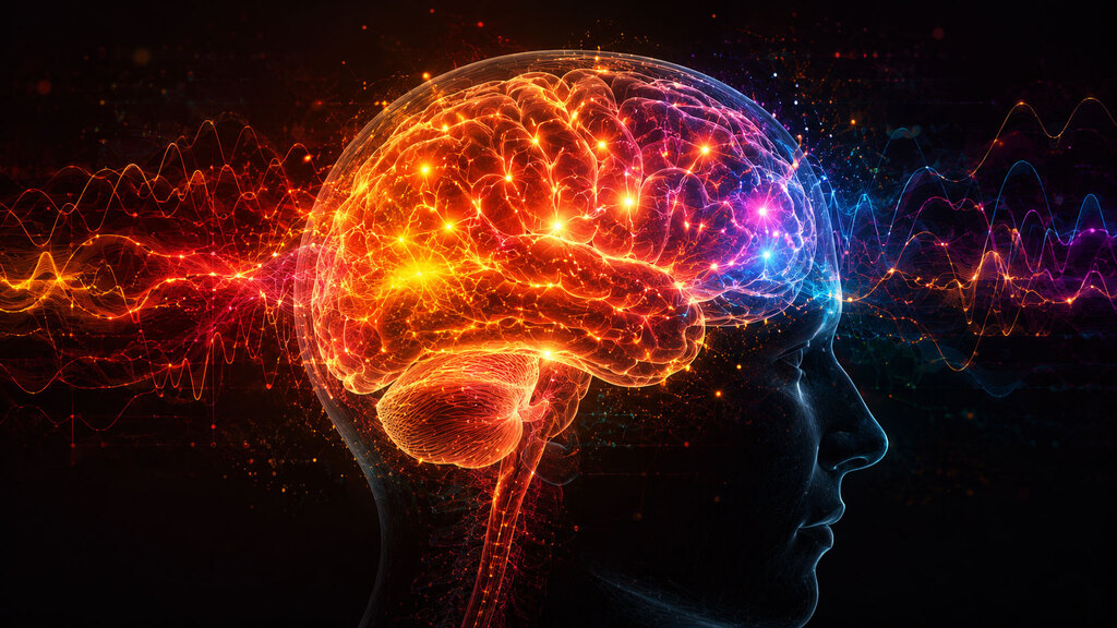 Artistic side-profile brain visualization with glowing neural activity in warm orange, red, and pink tones against a dark background, inspired by EEG and brain scan imagery.