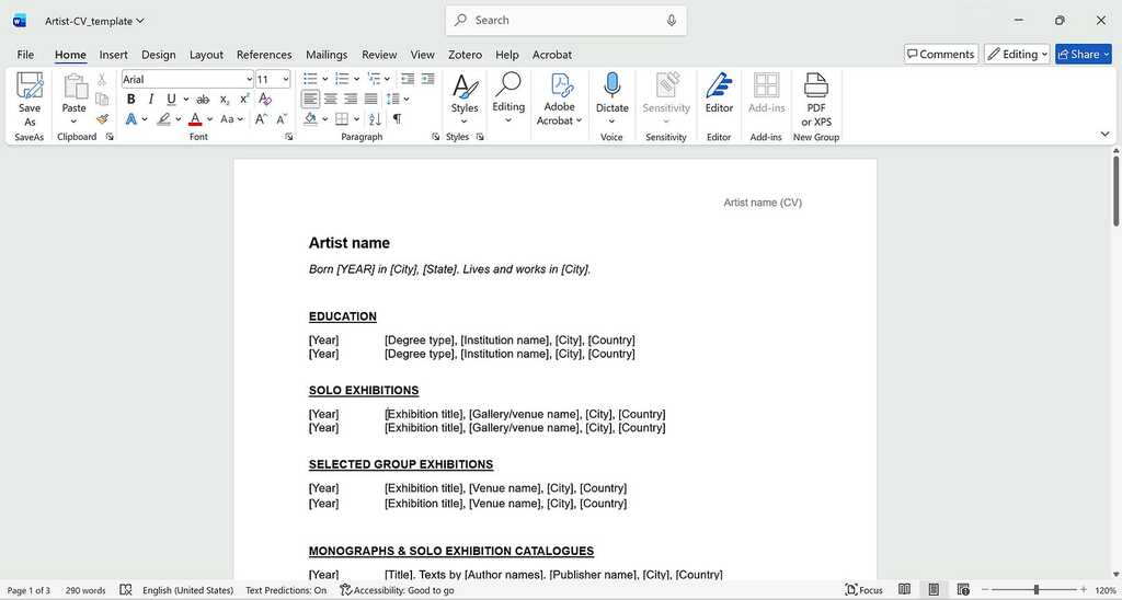 Artist curriculum vitae template in Microsoft Word based on a professional gallery standard format for exhibitions, education, and publications.