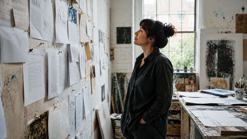 Visual artist reviewing grant applications, sketches, and project documents pinned to a studio wall