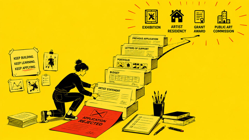 Artist constructing a staircase from previous grant applications and rejection letters leading toward new opportunities