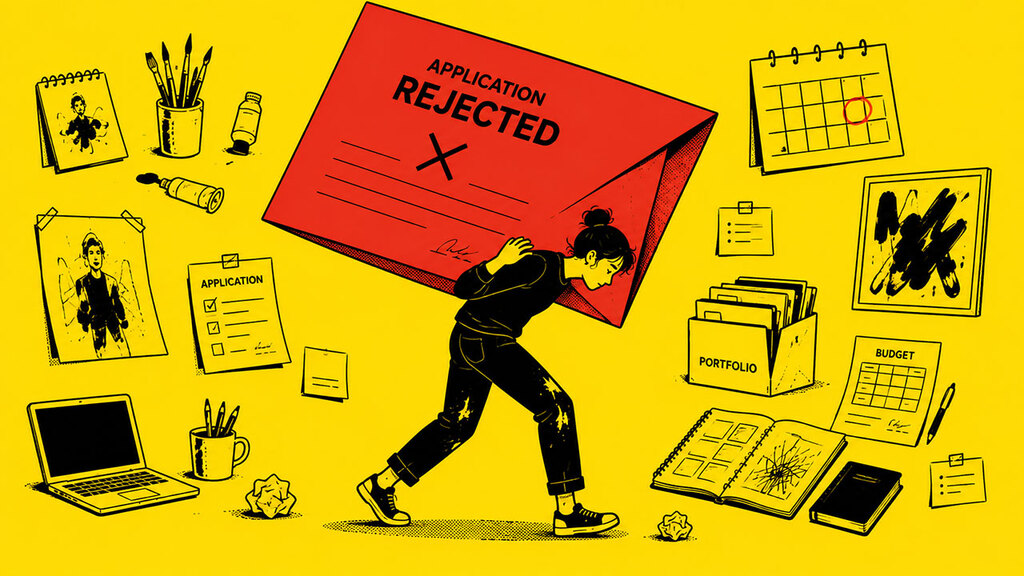 Artist carrying a large rejection letter while continuing to move forward with their practice