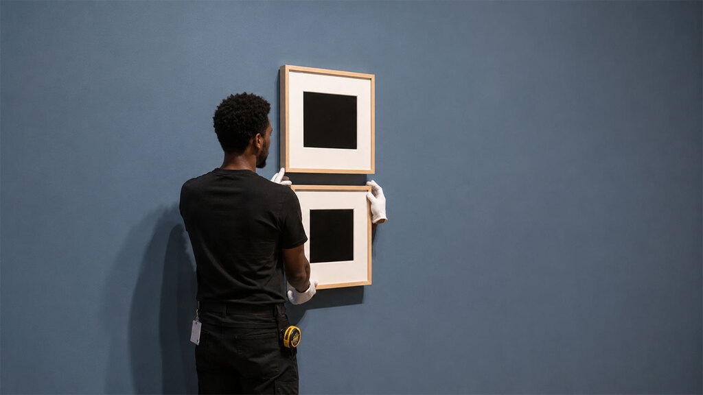 Black art installer hanging framed photographs on a blue gallery wall during exhibition preparation