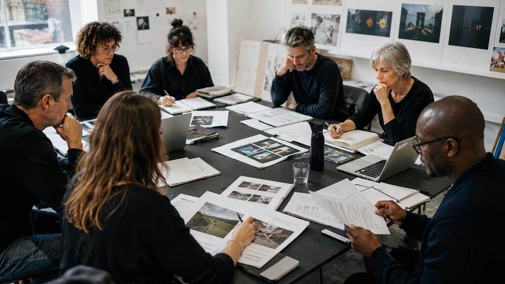 Arts funding panel reviewing artist portfolios, project proposals, and grant applications around a table