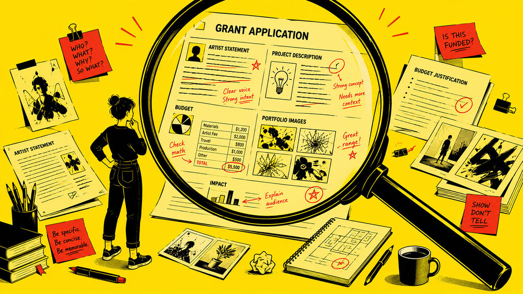 Artist examining a grant application through a magnifying glass with notes on budget, project description, and portfolio